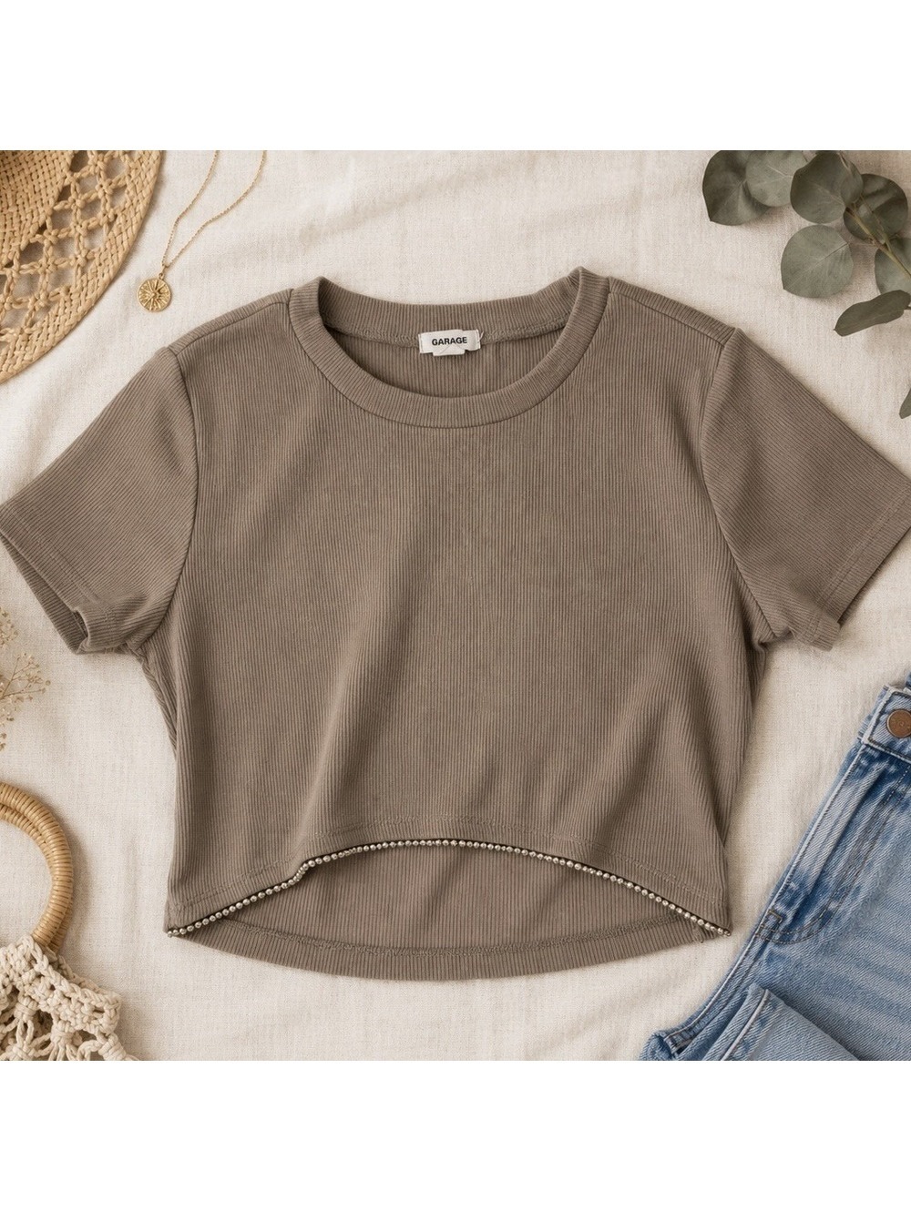 Garage Ribbed Crop Top Womens Small Taupe Rhinestone Hem Y2K Stretch Tee